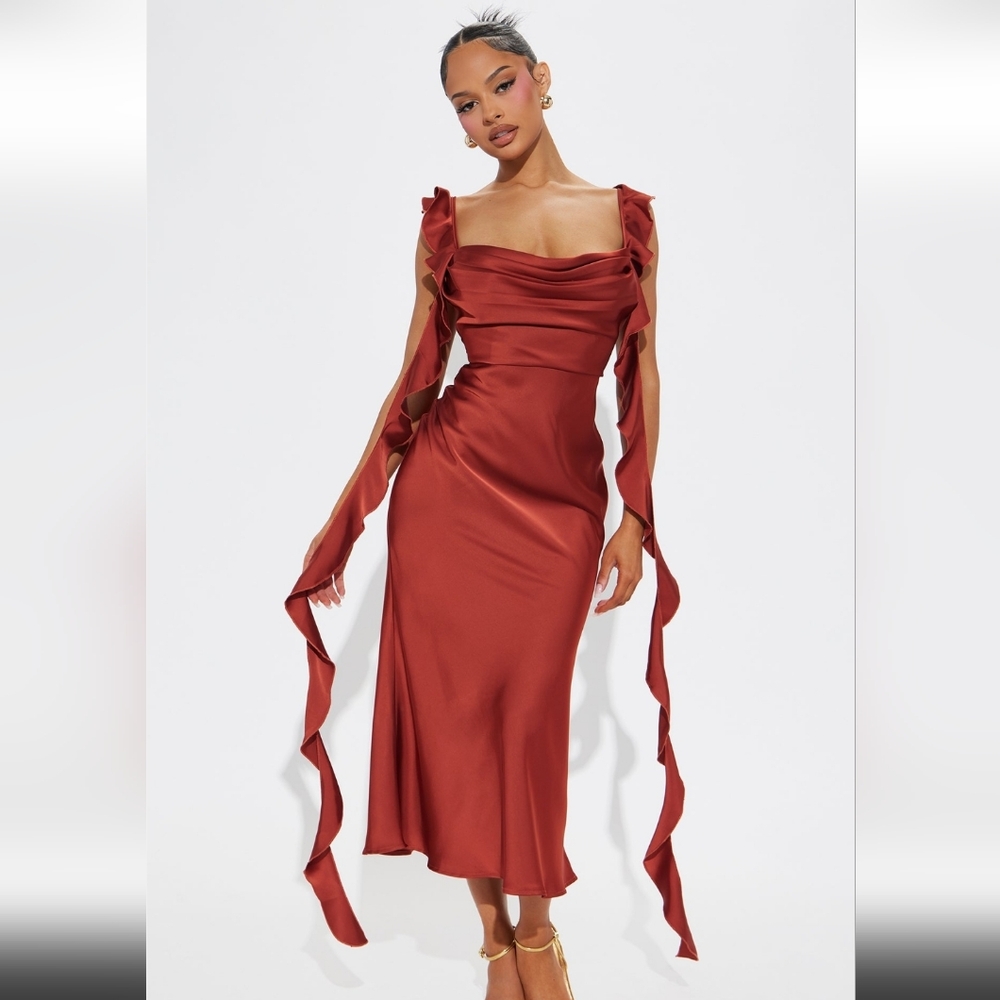 Ever So Sweet Satin Ruffle Midi Dress - Rust